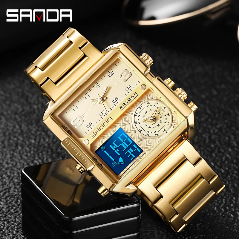 

Часы SANDA Мужские кварцевые цифровые, роскошные спортивные водонепроницаемые в стиле милитари, с двойным дисплеем, 3 раза