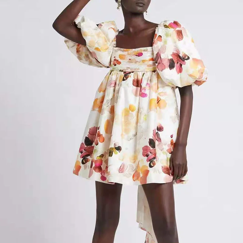 

Hot sale Aussie Tidal 2021 summer model white print bubble sleeve square collar personality high-waisted bow short A-word dress