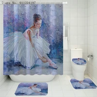 cartoon ballet girl 4pcs shower curtain set washable bathroom floor rug polyester fabric bath curtain carpet anti slip foot mat