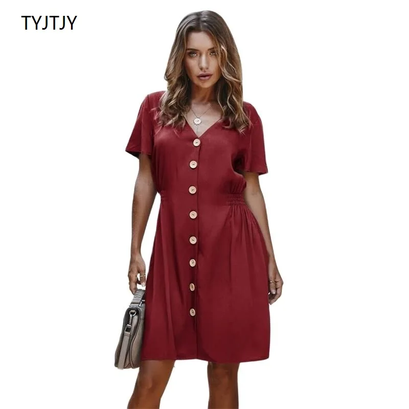 

Summer Women's Pure Color Sexy V-neck Short Dress Women 2021 New Casual Single-breasted Button Temperament Elegant Dress