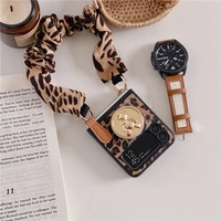 sexy leopard print leather phone case for samsung galaxy z flip 3 5g cloth wrist strip with gold bear bracket hard cover z flip3
