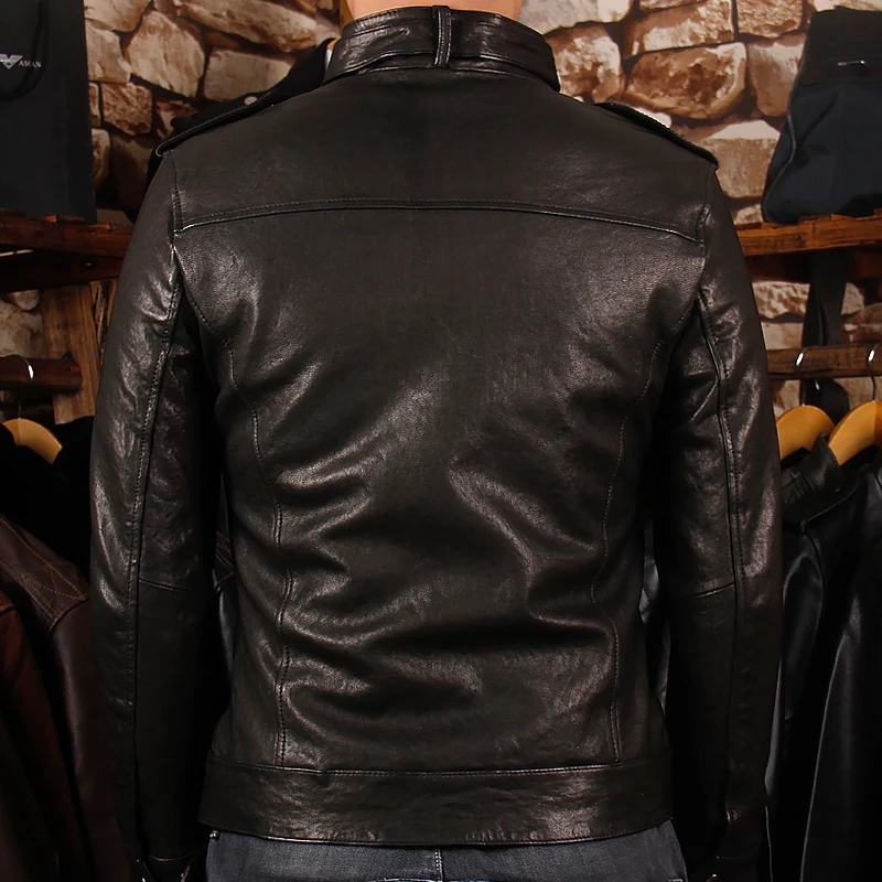 

Men Folding Goatskin Genuine Leather Jacket Short Slim Motorcycle Men Genuine Leather Clothing