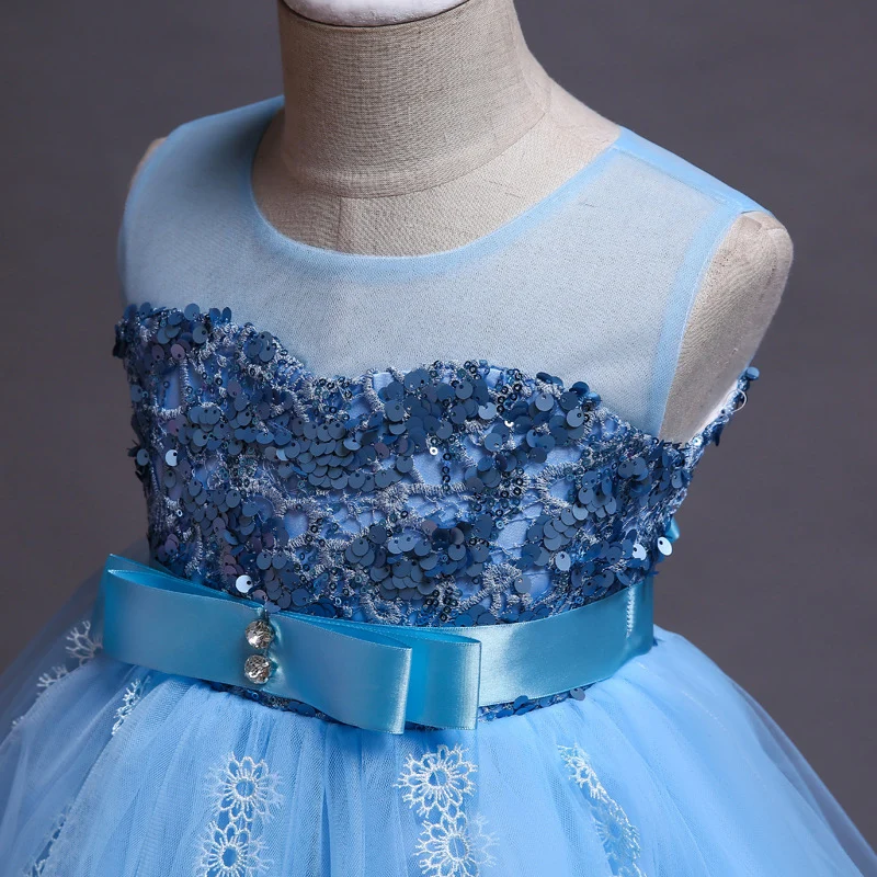 

Flower Girls Dress Bow Sleeveless Lace Sequined Appliques Embroidery Ball Gown O-Neck Knee-Length Kids Party Princess Skirt F098