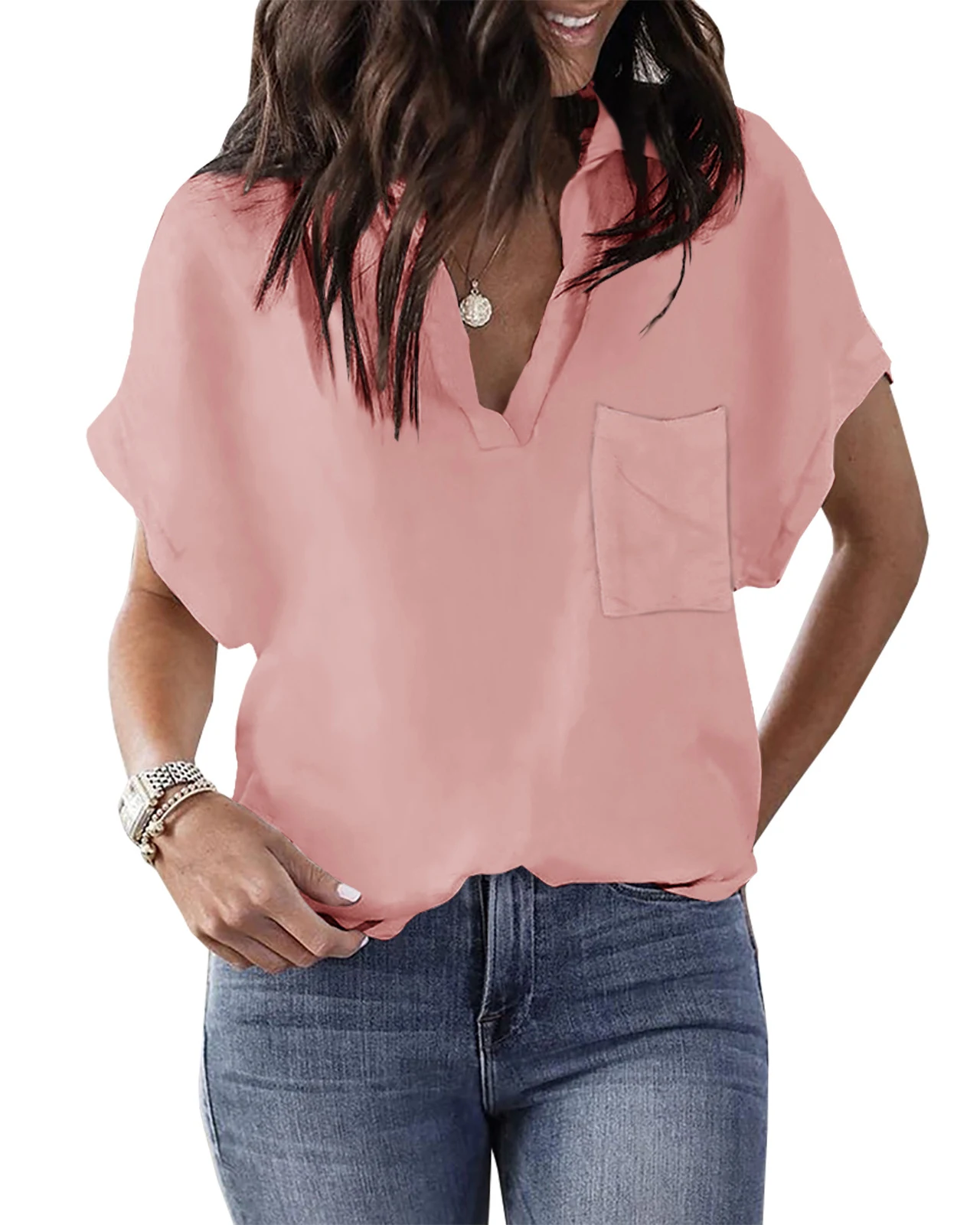 

New T-Shirt Women Harajuku Casual Loose Tee Tops Women 2021 Summwe Pure Color V Neck Short Sleeved T-shirt Camiseta Mujer