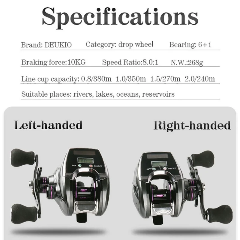 

Fishing Reel Digital LED Display Bait Casting 10 Kg Braking Force 8.0:1 Speed Ratio Metal Handle Bait Casting Reel