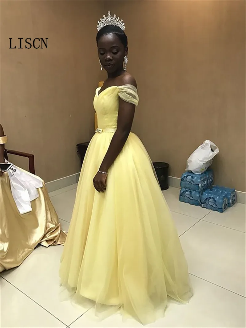 

Draped Floor Length Robe de Soiree Yellow Tulle Off the Shoulder Simple Prom Dress A-line Beaded Belt African Formal Party Gowns