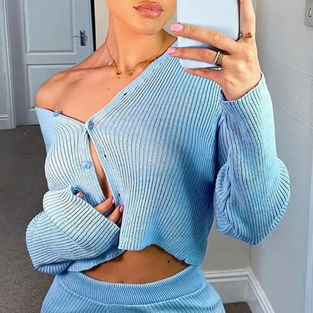 

Women Spring Autumn New Sexy V-neck Button Cardigan Pure Color Knitted Sweater Slim Ribbed Winter Autumn Fashion Knitwear