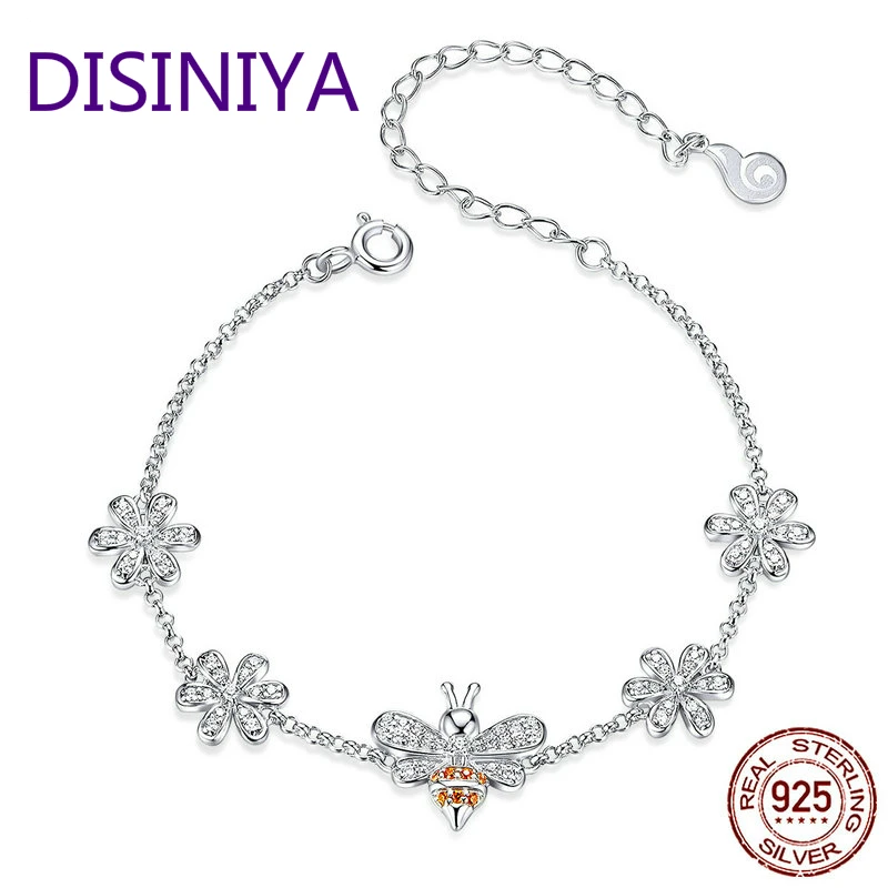 

DISINIYA Insect Bee Queen and Flower Lobster Lock Chain Bracelets for Women 925 Sterling Silver Luxury Jewelry Gifts SBSB49031