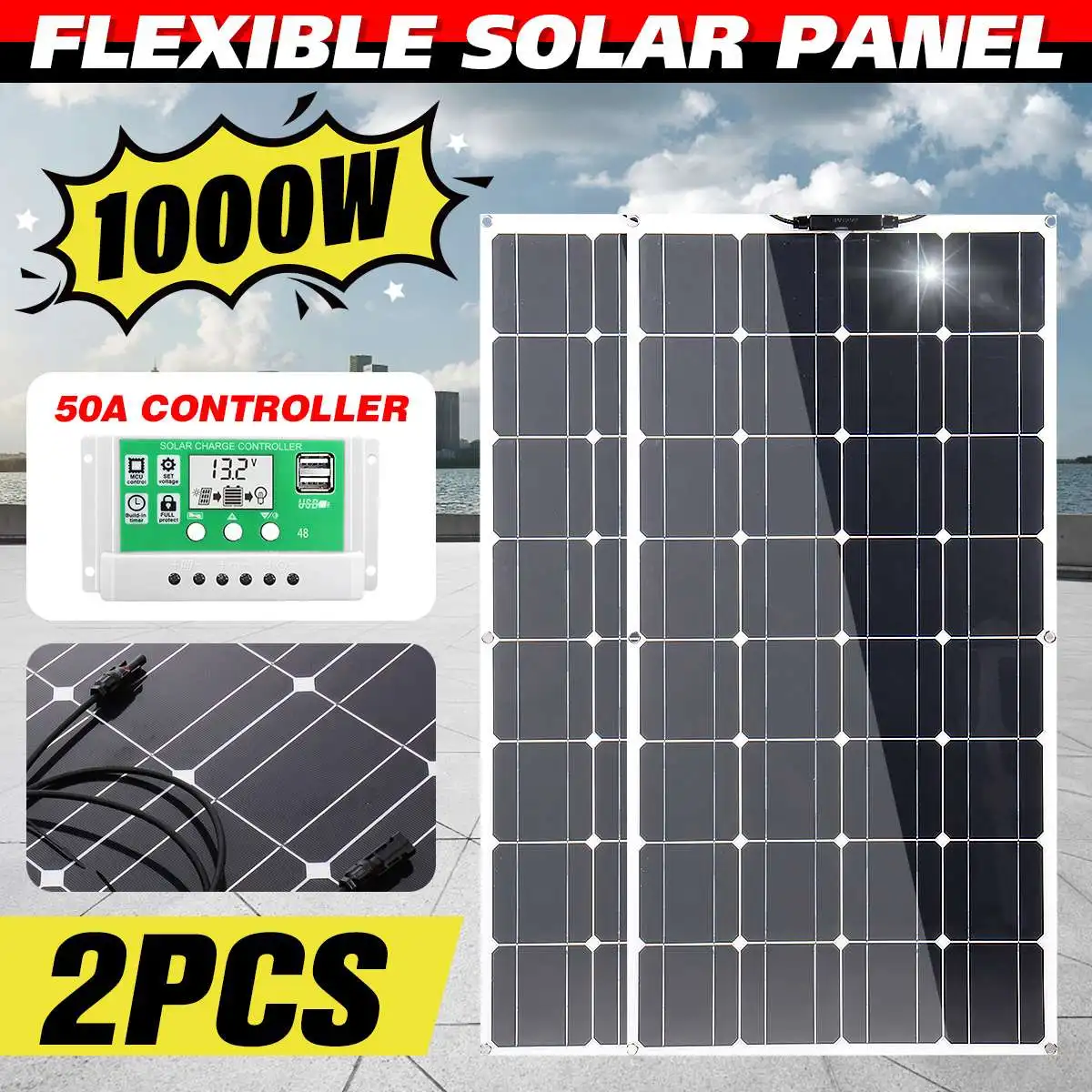 Harga 1000W 500W Panel Surya Paket Sel Surya Persediaan Baterai Luar Ruangan Pengendali 30A/40A/50A Untuk Mobil Pengisi Daya Baterai Kapal Pesiar RV