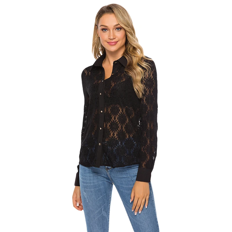 

Summer Ladies Shirt Black Long Sleeve Sexy Lace Perspective Fashion Shirt Casual Loose Breathable Blouses Tops