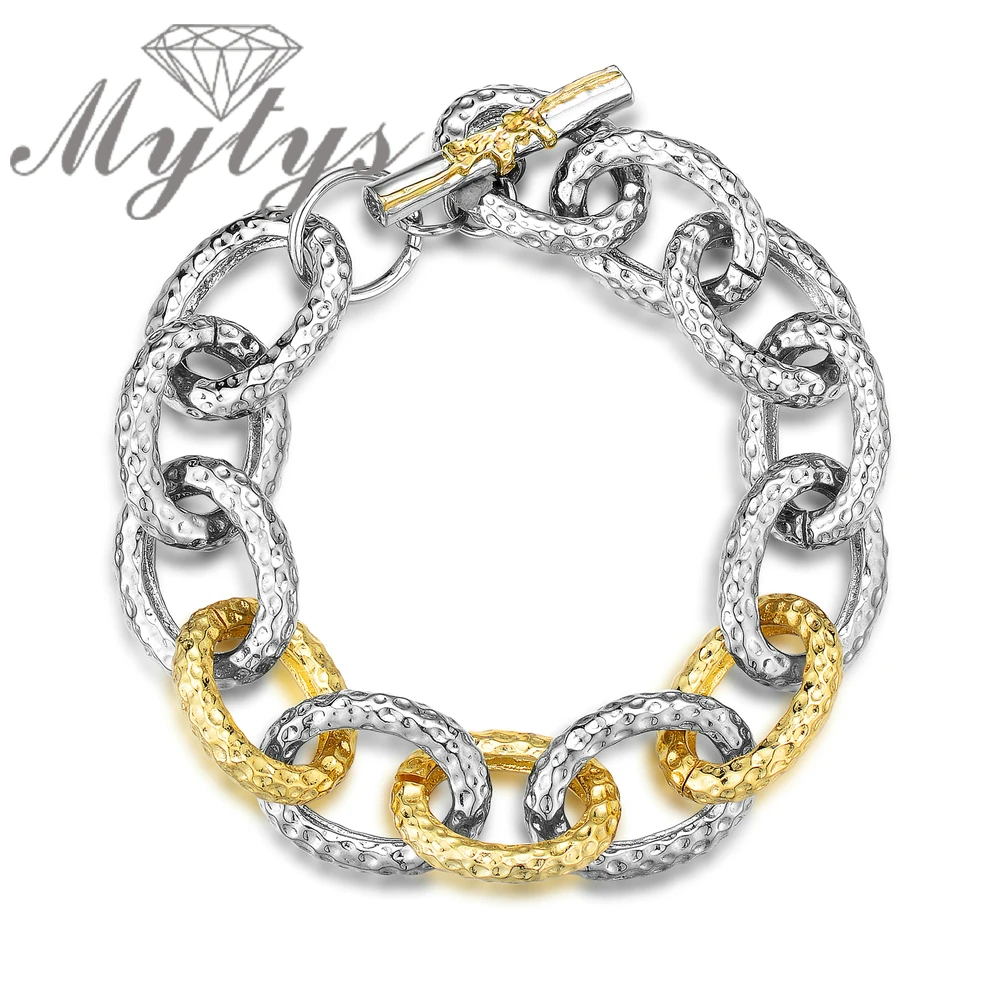

Mytys широкий толстый кубинский панцирный браслет для женщин Серебряный позолоченный Овальный звеньевой цепи B1167