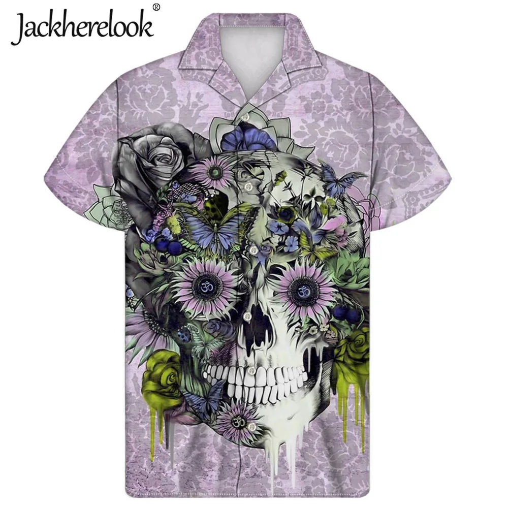 

Jackherelook Short Sleeve Shirt Men Button Hawaiian Tops Male Beach Shirts Sugar Skull Print Harajuku Casual Camisa Masculina