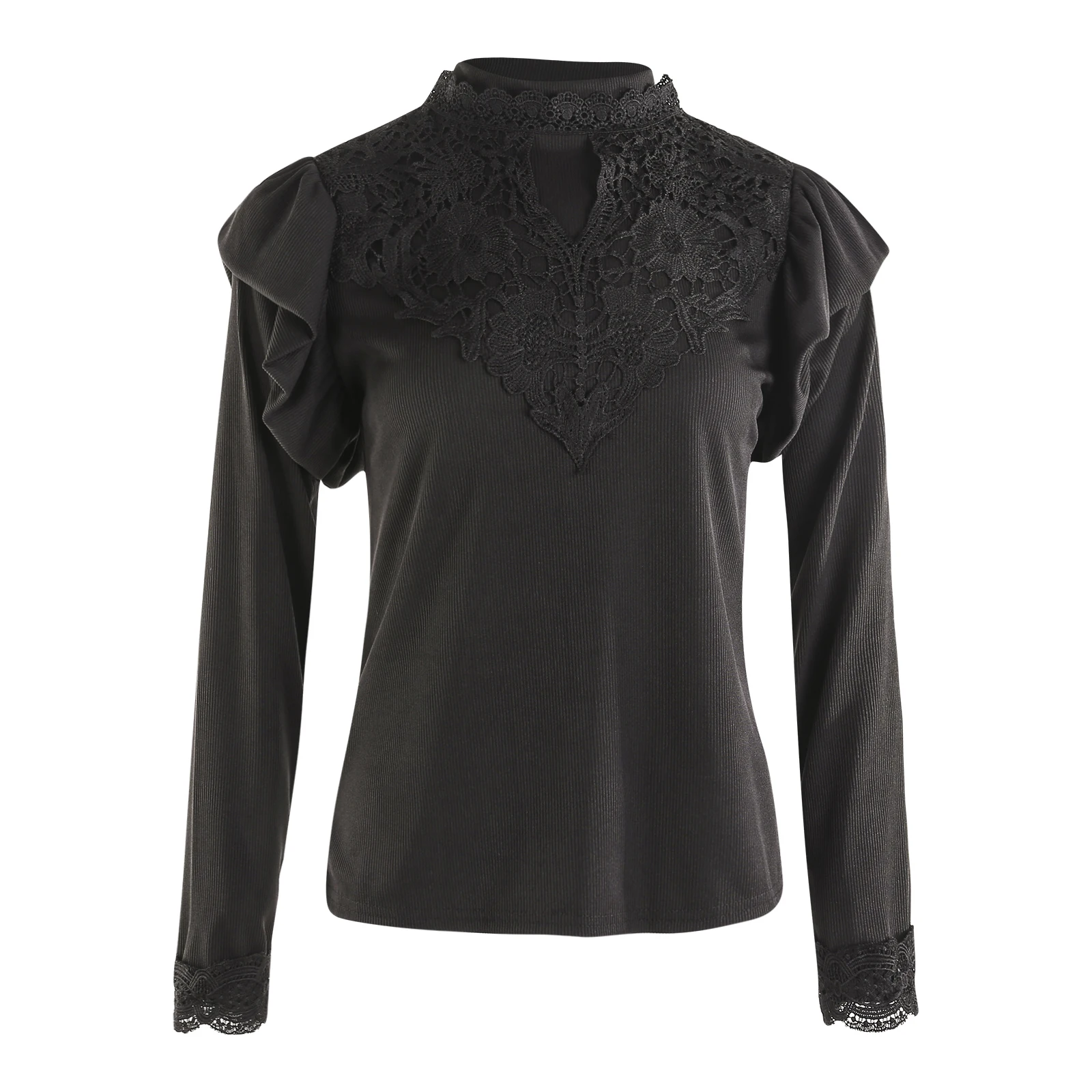 

Women Spring Winter Pullovers Long Sleeve with Round Neck Lace Ruffle Decoration Simple Stlye Solid Color Base Shirt Jumper Tops