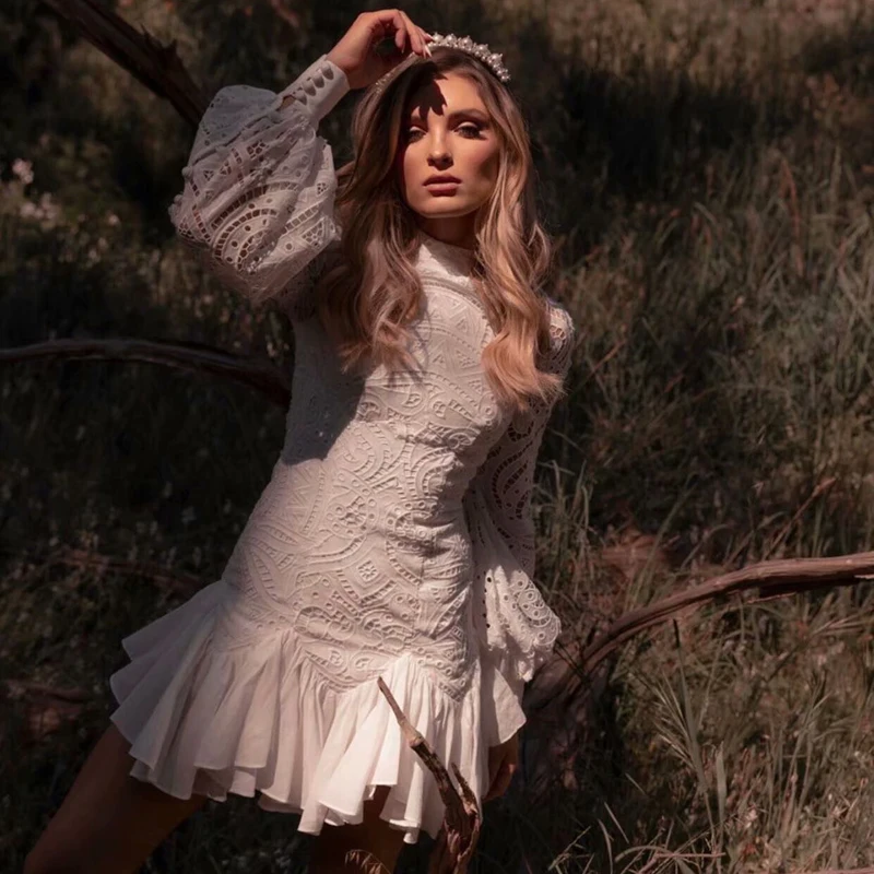 

Embroidered Flowers Sexy Cutout Buttons Long Sleeves Solid Color Temperament Slim Fishtail White Mini Dress Spring And Summer