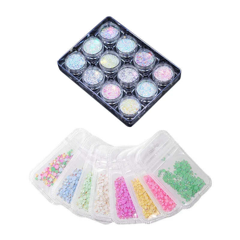 

8Pcs Luminous Crystal Mixed Size Nail Art Rhinestone & 1Box Nail Powder Pigment Set Fluorenscence Spangle Nail Glitter