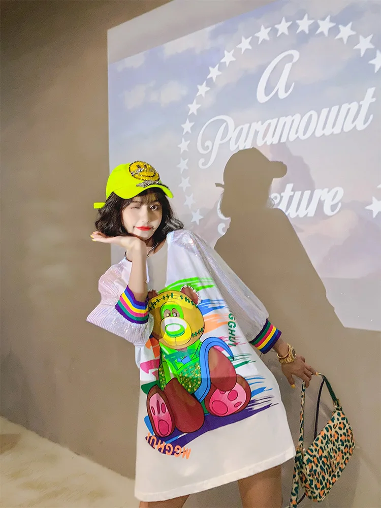 

2021 Summer Women Sequin Cartoon Print Loose Chic Dress