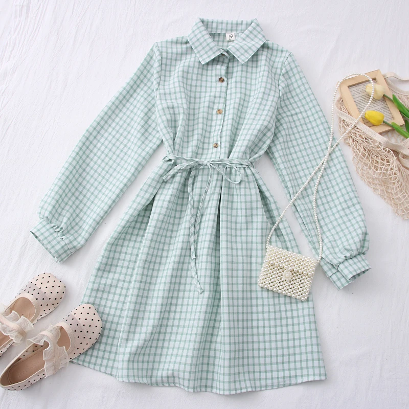 

ZAWAHIKI Plaid Women Dresses Sweet Japan Style Elegant Autumn 2021 Robe Femme Lace Up Vintage A-line Vestidos High Waist