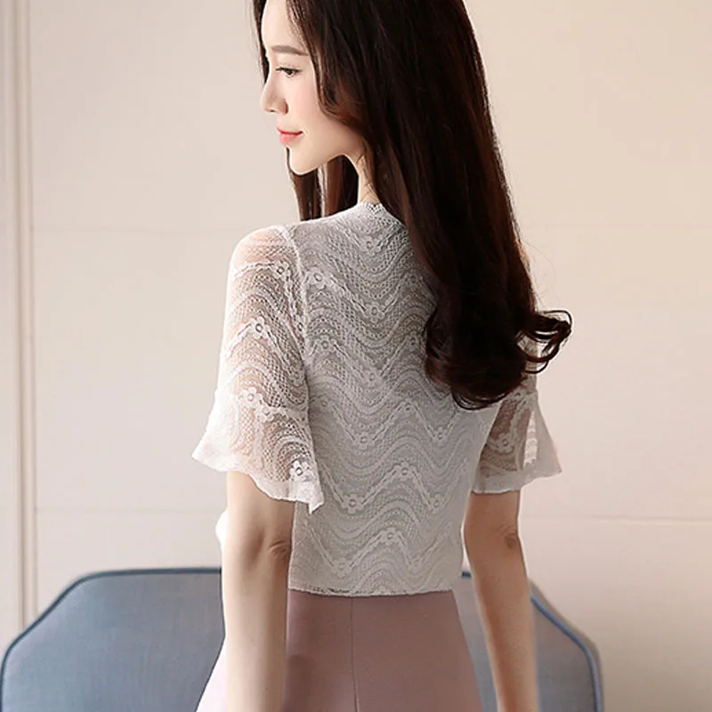 Женская кружевная рубашка однотонная Повседневная офисная с коротким рукавом