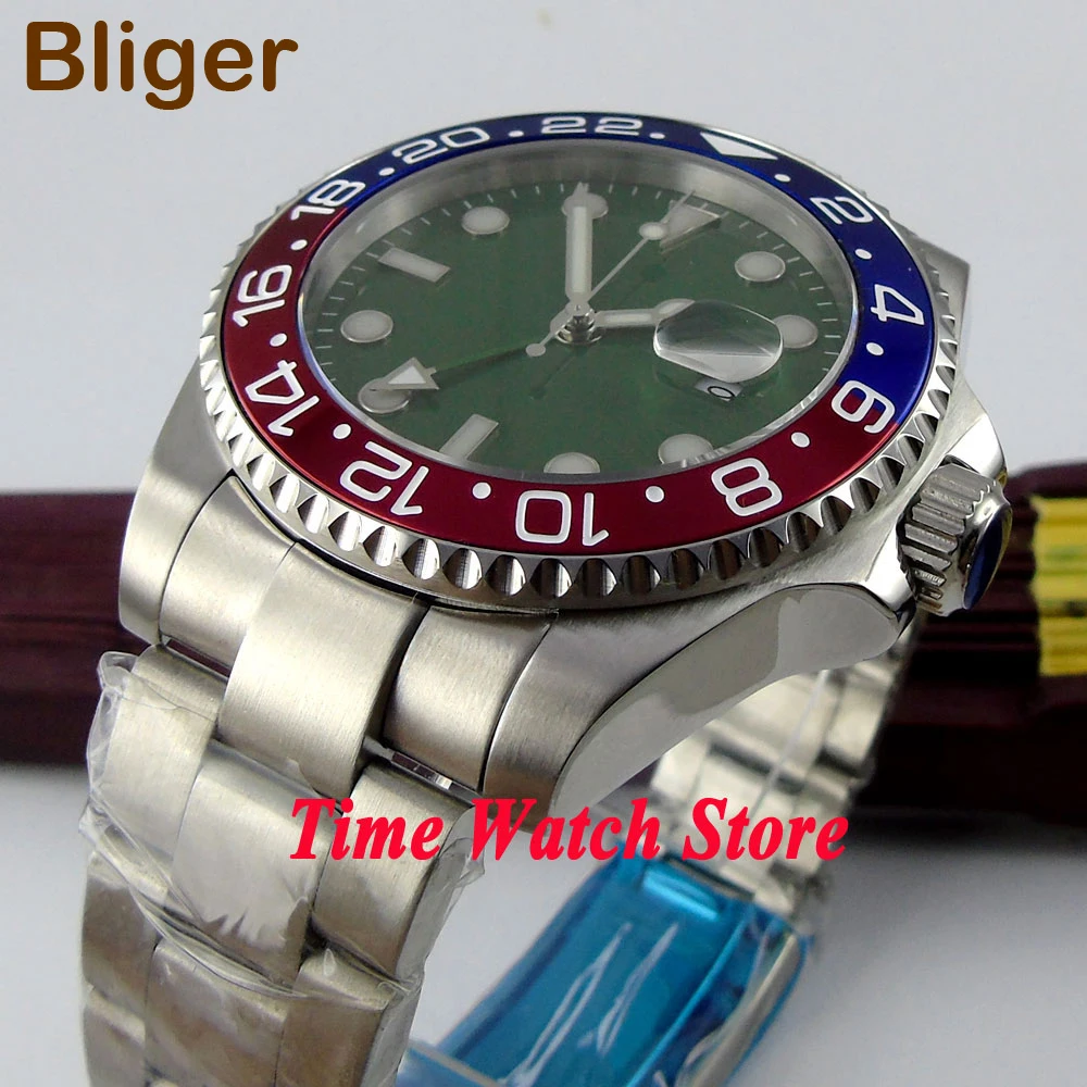 Мужские часы с автоматическим механизмом Bliger 43 мм зеленые стерильные синие