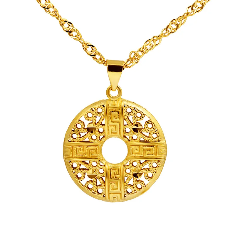 

Classical 18k Yellow Gold Round Pendant Necklace For Women Men Hollow Lucky Buckle Pendant Necklace Birthday Fine Jewelry Gifts