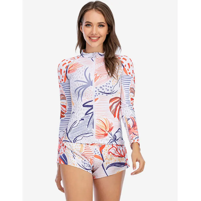 

New adult ladies surfing suit fashion elements 3D printing fashion split long-sleeved quick-drying sunscreen swimsuit women