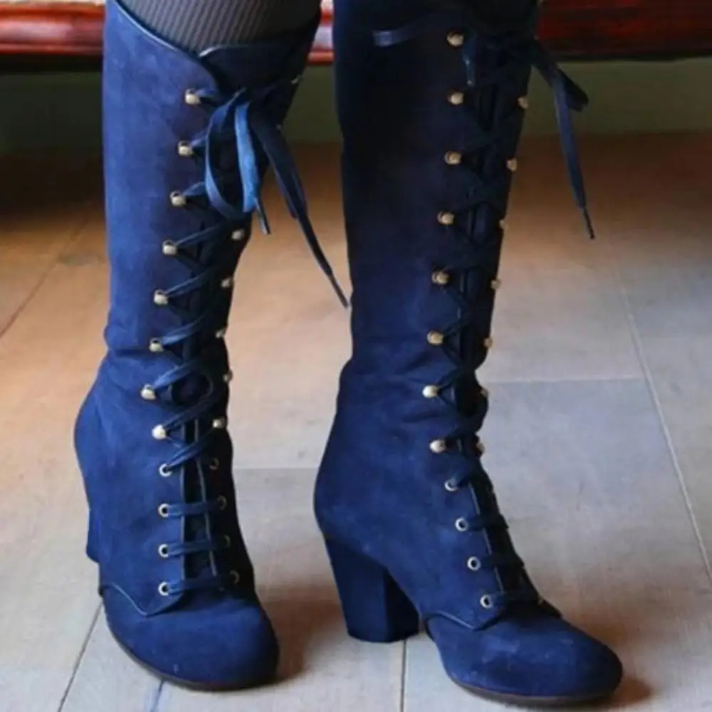 

Женские винтажные сапоги до середины икры, черные повседневные сапоги до колена на толстом каблуке со шнуровкой, 2021
