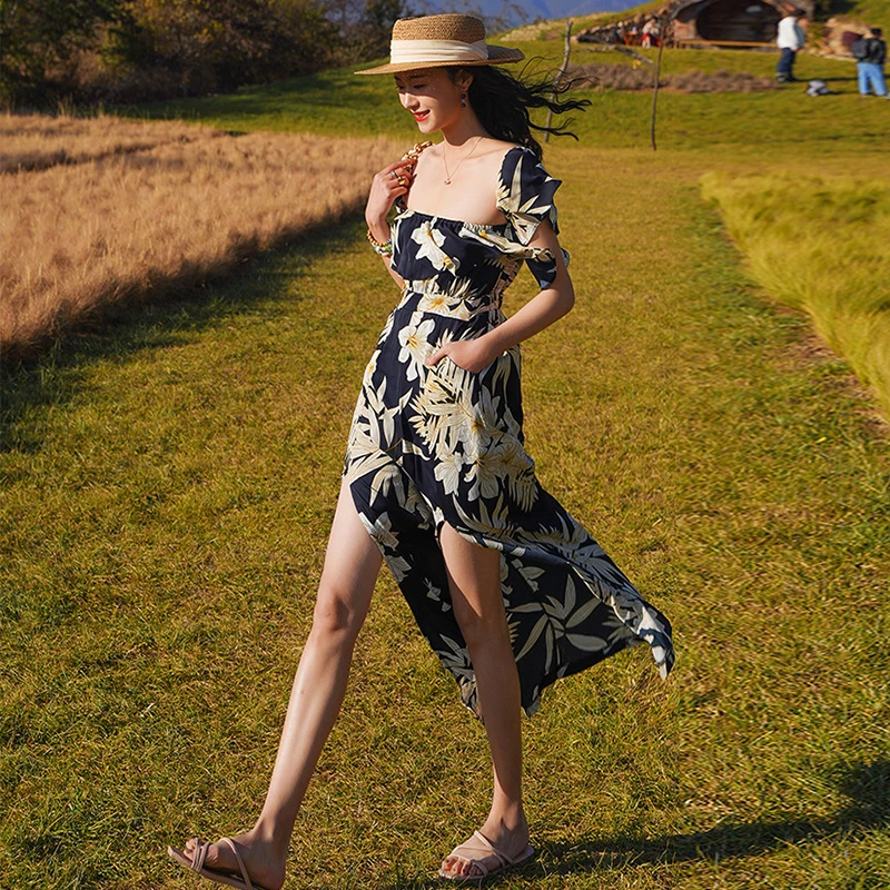 

Новая модная обувь; Летние пляжные сексуальное с открытыми плечами с рюшами Женская повседневная обувь для отдыха; Милая Цветочный принт Ра...