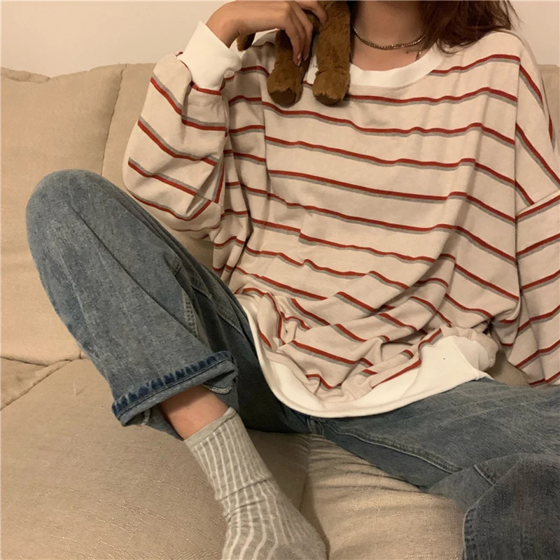 

Tops Loose Oversize Hoodies Woman Sweatshirt Spring Autumn Korean Stripe Medium Length Long Sleeve Casual Hoodies Woman