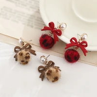 1 pair sweet bowknot earring korean leopard pom pom ball stud earrings for women jewelry autumn winter new trendy
