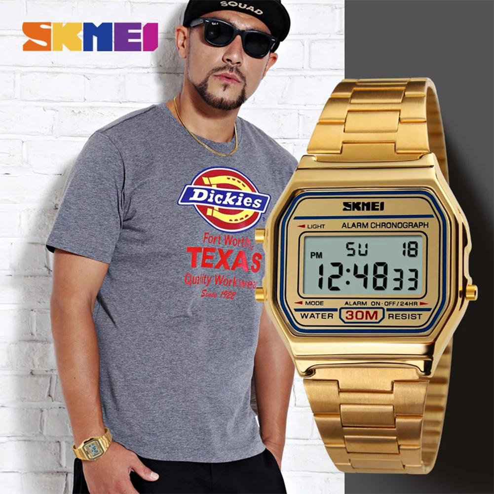 

SKMEI Fashion Casual Sport Watch Men Stainless Steel Strap LED Display Watches 3Bar Waterproof Digital Watch reloj hombre 1123