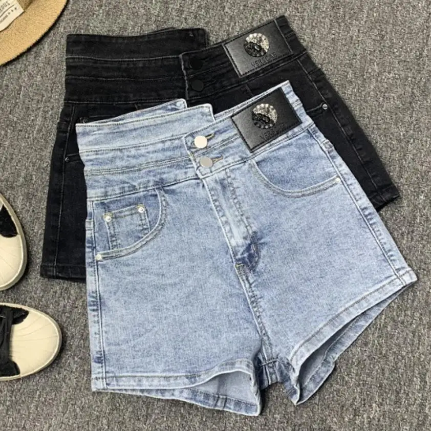 

Black denim shorts women autumn winter high-waisted A-line straight all-match boots wide leg shorts