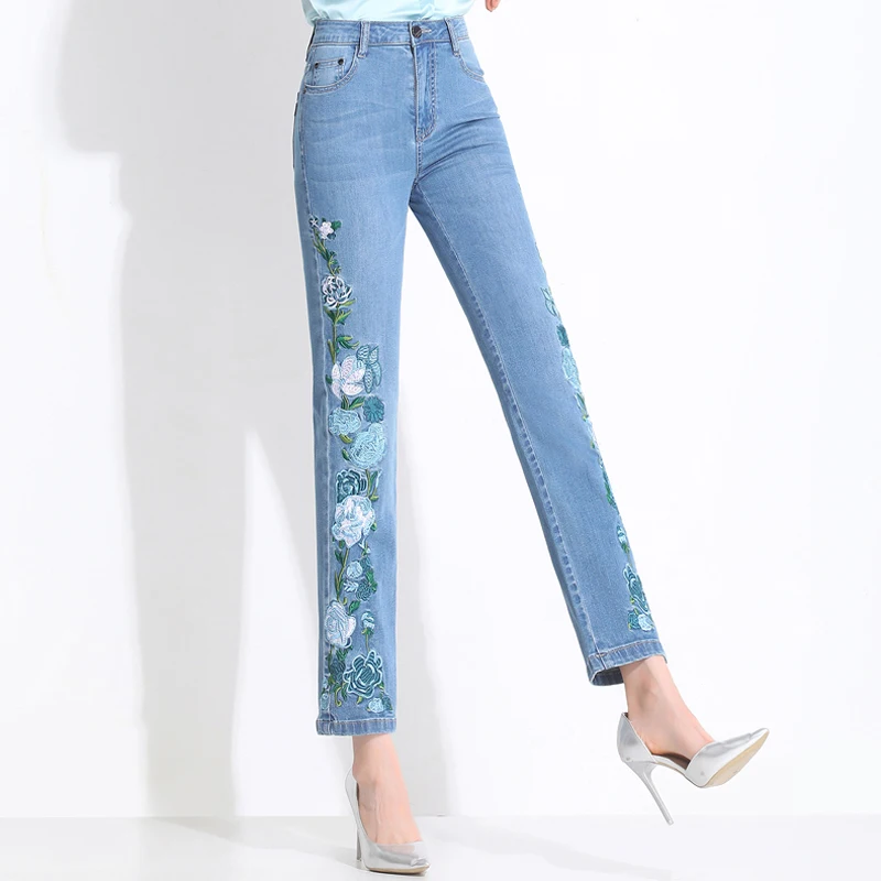 Женские тонкие джинсы с вышивкой FERZIGE повседневные Прямые брюки стрейч эффектом