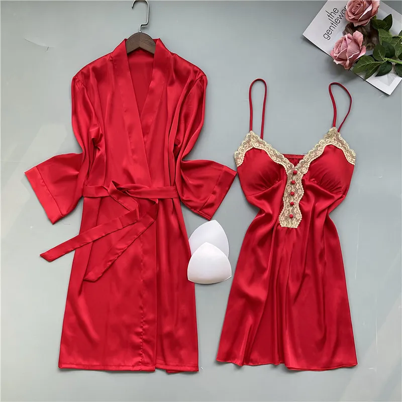 

Sexy Black Deep V-Neck Lace Sleepwear Nightgown Summer Female Robe Kimono Gown Loose Silky Satin Home Dress Wedding Robe