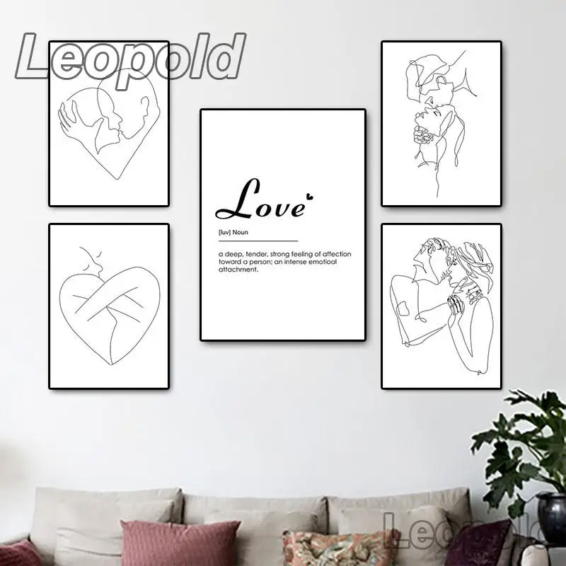 

Canvas Painting Simple Line Drawing Couple Kiss Abstract Posters Wall Art Print Black and White Home Decorative Pictures
