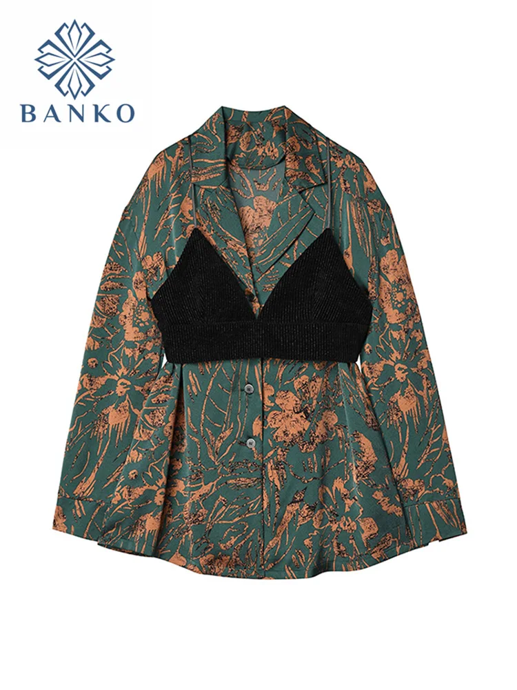 Shirt For Women Vintage Chic Print Blouse With Camisole 2021 Autumn New Long Sleeve Lapel Ladies Tops Korean Fashion Blusa Femme