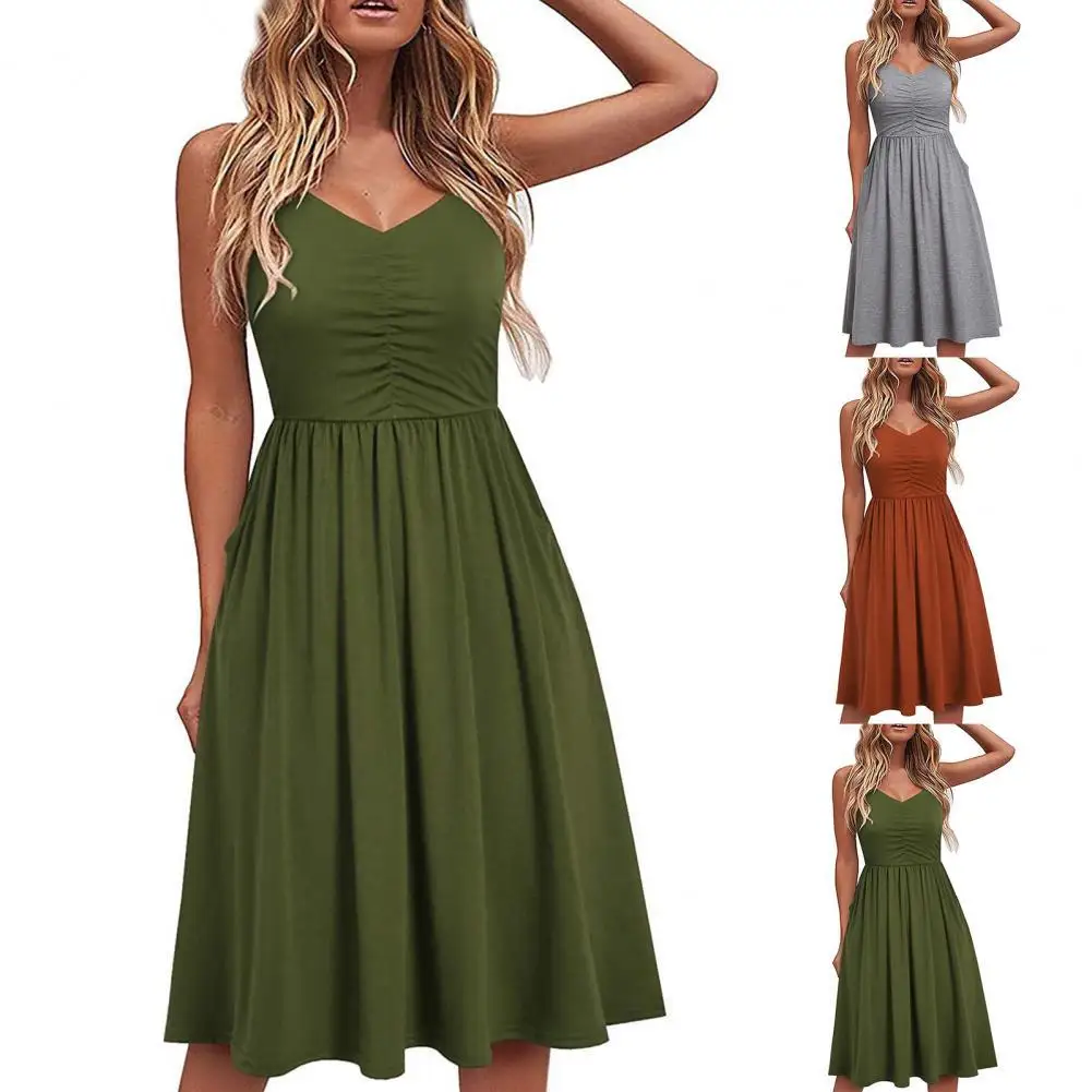 

Hot Sales Women Dress Low Neck Pleated Middle Length Ladies Sleeveless Shirring Dress for Dating