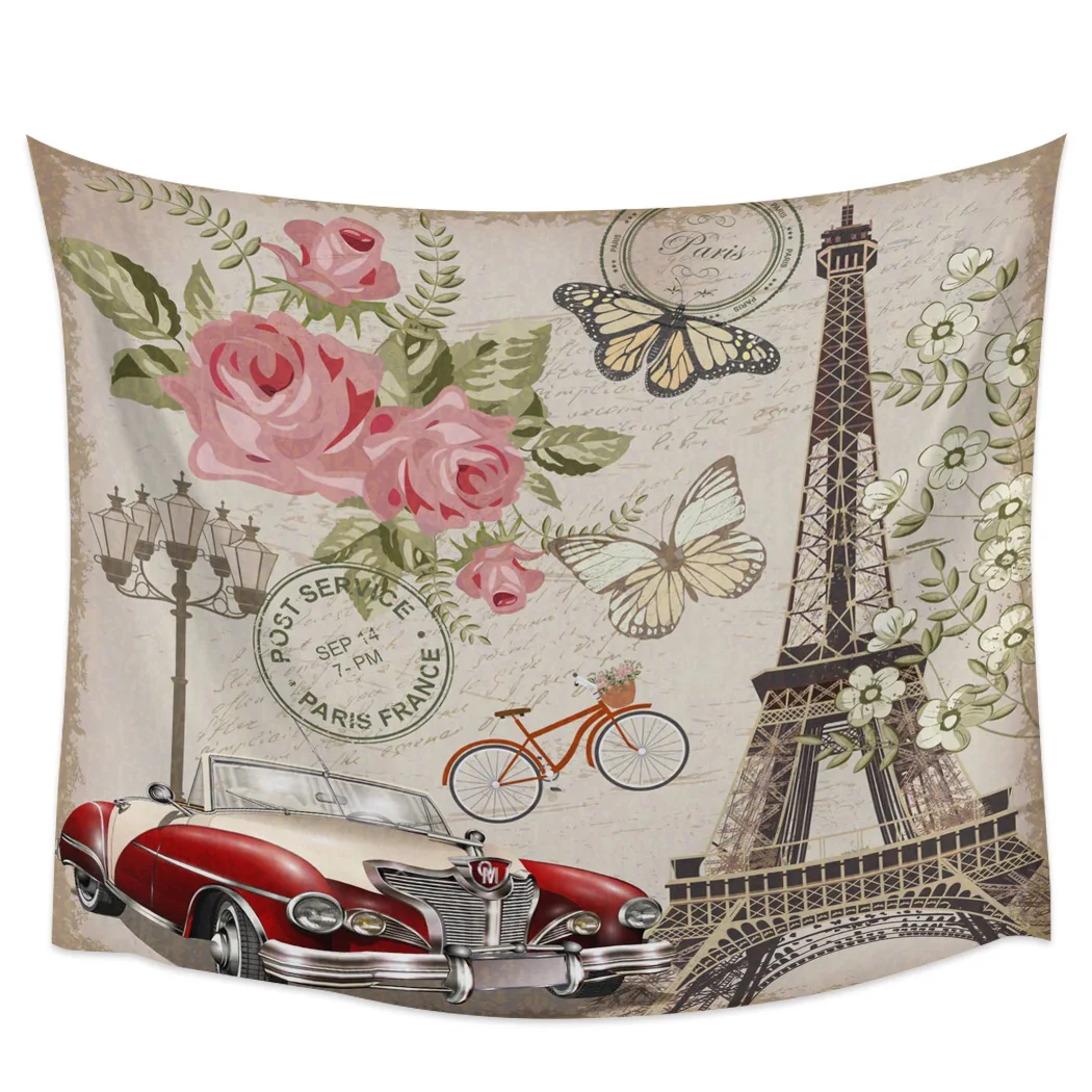 Париж Франция Ретро стиль Эйфелева башня Бабочка велосипед гобелен крышка