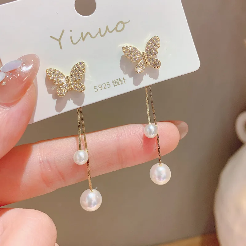 

Zeojrlly Metal Trendy Water Drop Women Dangle Earrings Korean Earrings Long Two Wearing Tassel Pearl Butterfly Female Jewelry