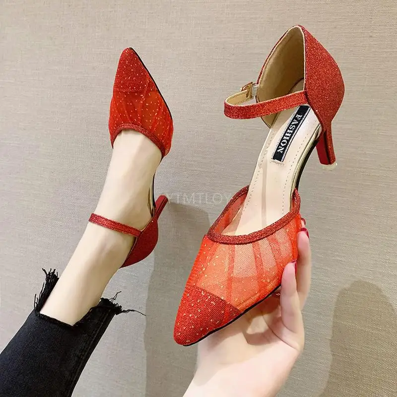 

LLOGAI Bling Wedding Breathable Mesh Pointed Toe Woman Pumps Thin High Heels Sandals 2021 Zapatos Rojos Mujer