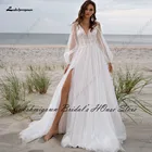 Женское винтажное свадебное платье, белое платье с длинным рукавом, а-силуэт, с высоким разрезом сбоку, из тюля в стиле бохо, 2022