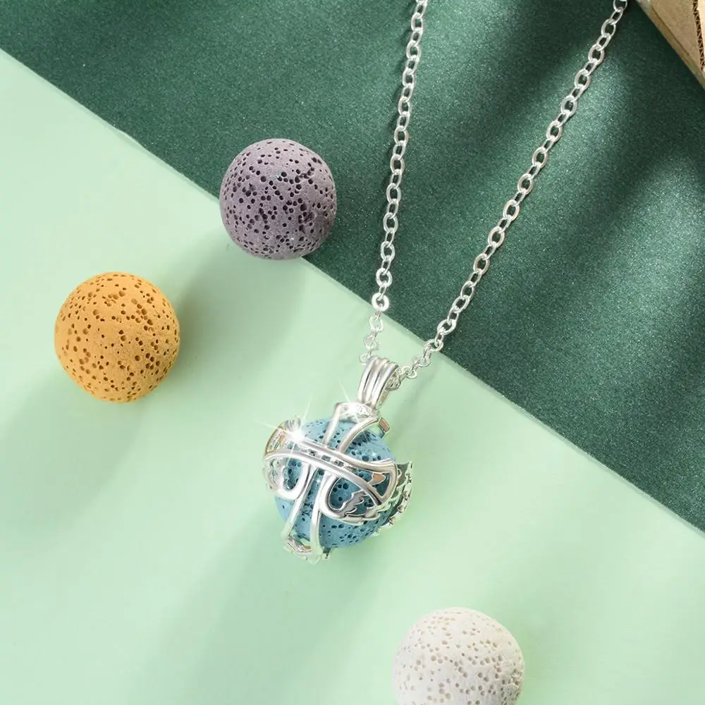 

Eudora 20mm Angel Wing Locket cage Pendant Necklace Aromatherapy volcanic stone necklace with 5 pcs Lava ball free gift box K365