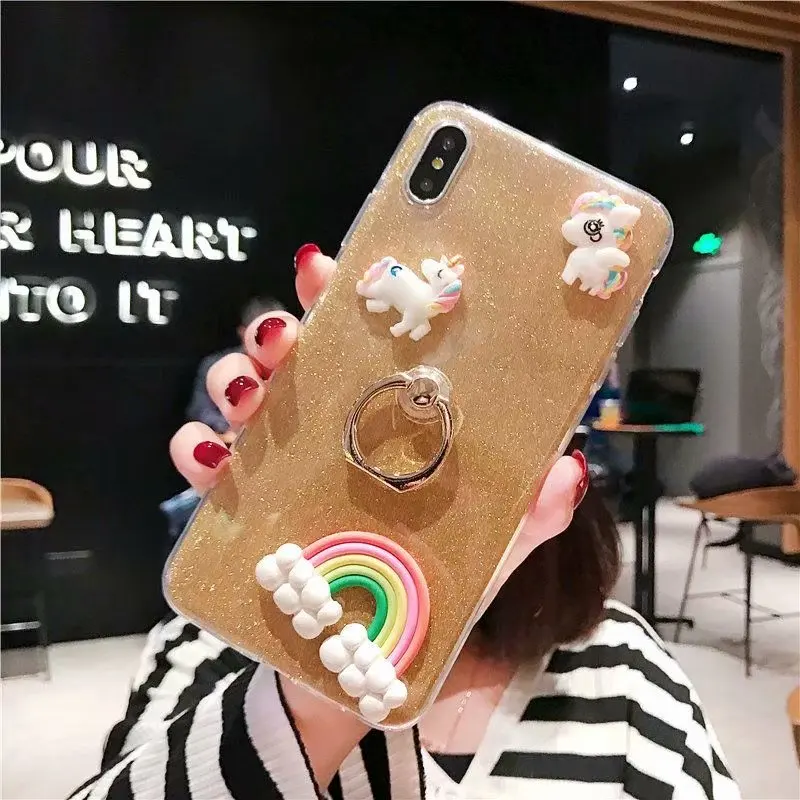 Transparent Glitter Phone Case For iPhone 6 6S 7 8 Plus X XS XR SMAX 3D Unicorn With Ring Stand Anti-knock Soft Back Cover Capa |