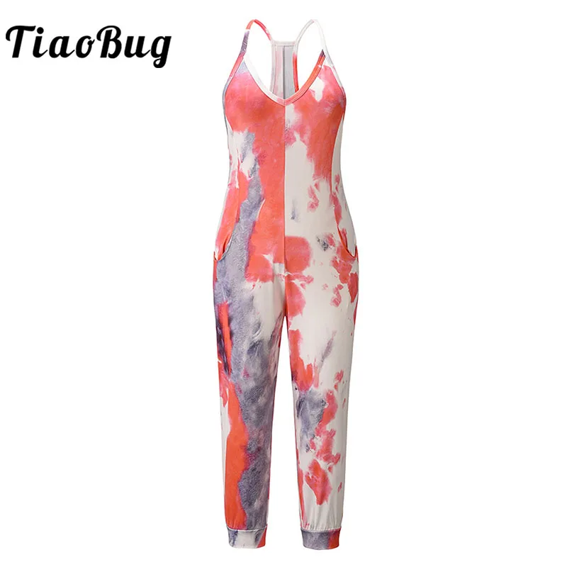 

Casual Colorful Tie-dye Jumpsuit Women Summer Adult Overalls Bodysuit Spaghetti Straps V Neck Sleeveless Romper Pockets Playsuit