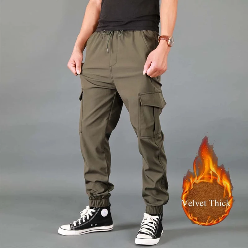

Men's Cargo Pants Fleece Thick Warm Multi Pocket Winter Military Army Zipper Straight Slacks Long Trousers Outwear Sport Pants