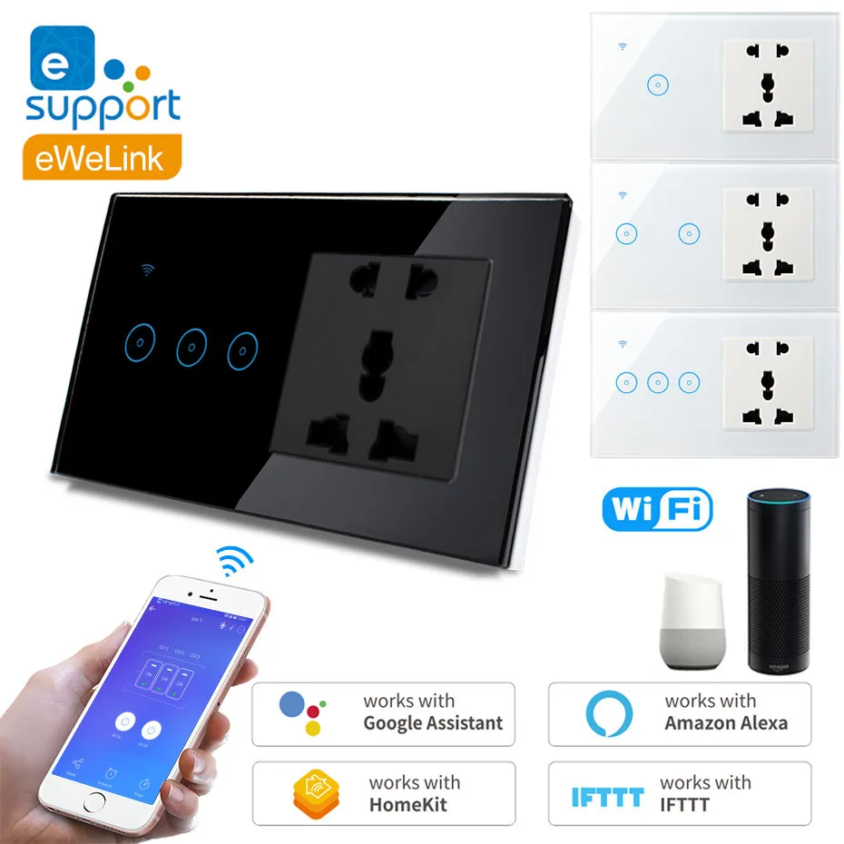 Wi Fi сенсорный выключатель с розеткой подходит для Alexa Google home универсальная