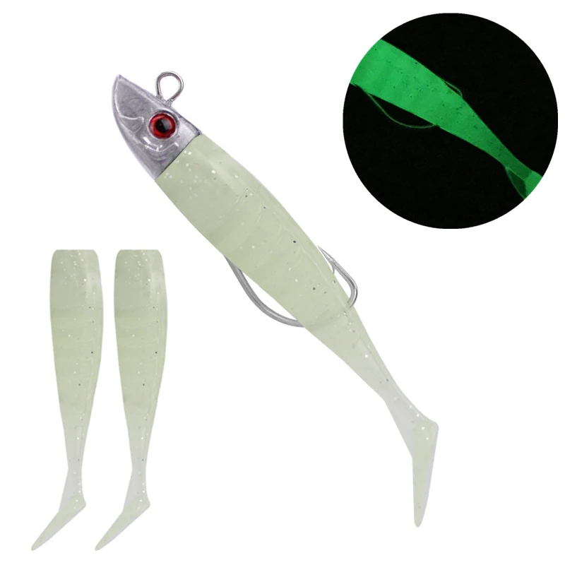 

8cm 8.5g luminous Lead Fish Head Soft Lures Set Luminous Crank Hook T Tail Built-in Colorful Sequins with 2 Replace Bait Body
