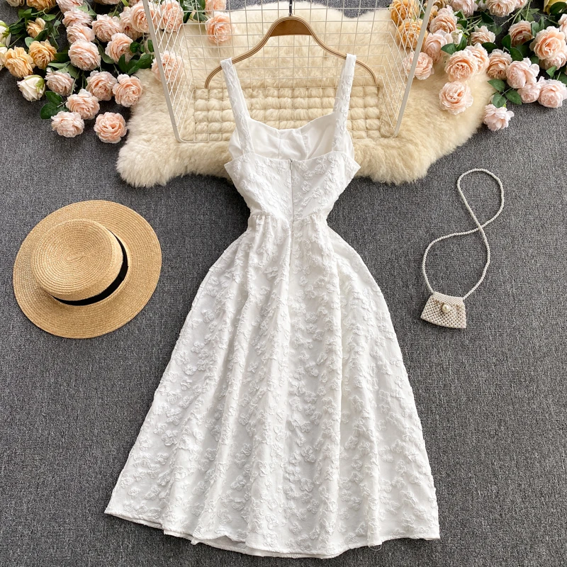 

2021 New Summer Women Sexy Square Collar Strap Dress High Quality Beading Fashion Jacquard Elegant Slim Party Dress