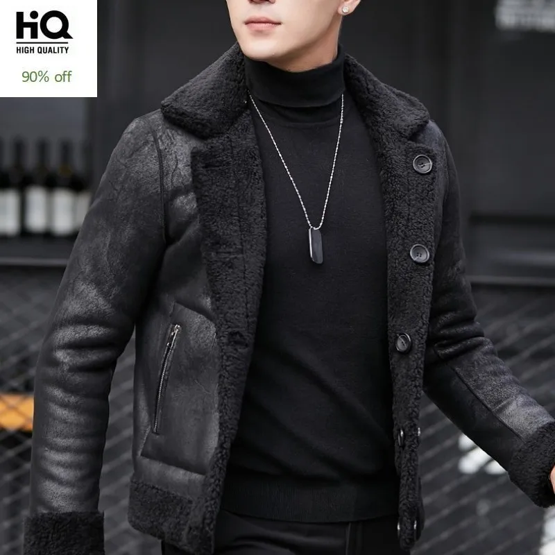 Winter Mens 100% Wool Shearling Jacket Warm Suede Leather 5XL Overcoat Single Breasted Short Real Lamb Fur Coat | Мужская одежда