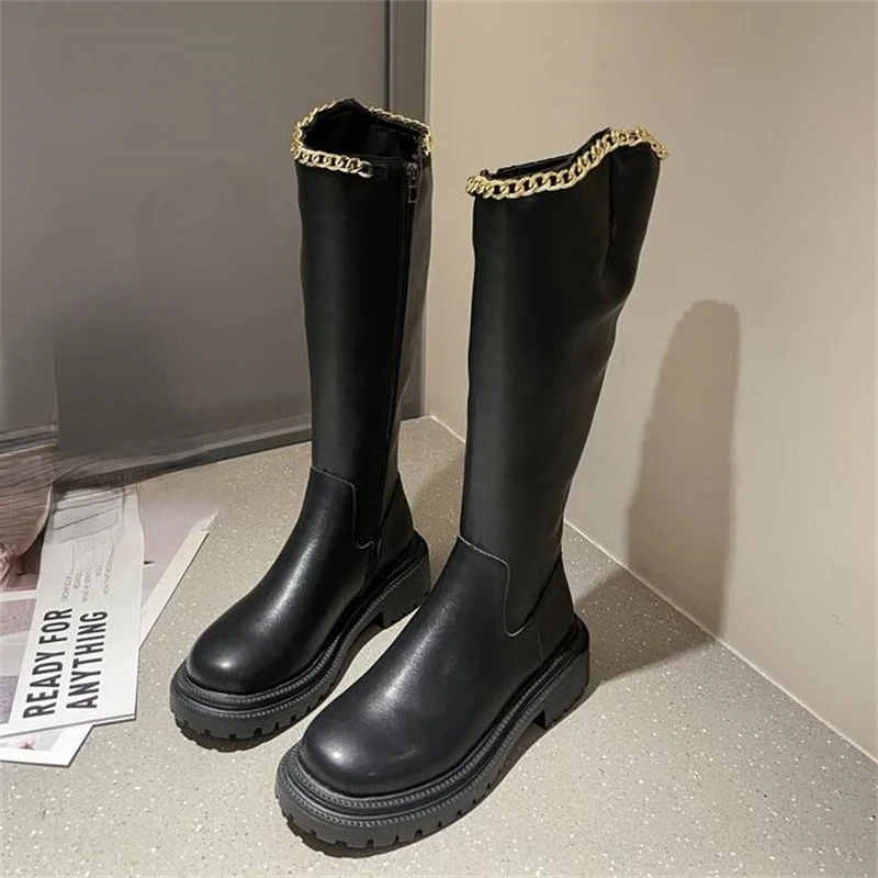 

Женские сапоги до колена, на массивном каблуке, с цепочкой, теплые, повседневные, в готическом стиле, зима 2021