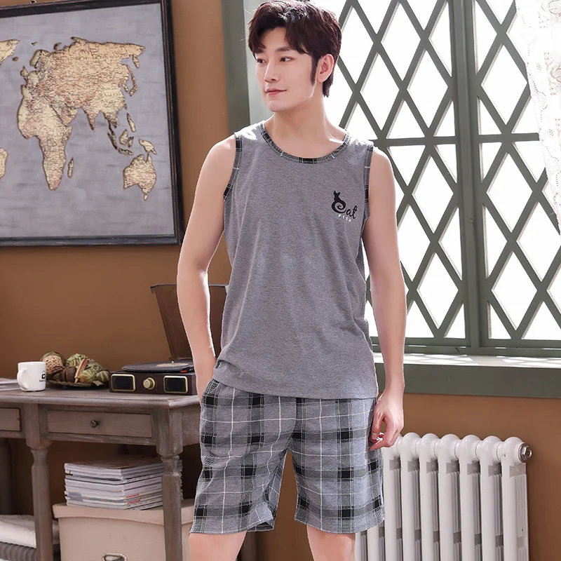 Мужская пижама из 100% хлопка Серая майка + клетчатые шорты пижамный комплект для